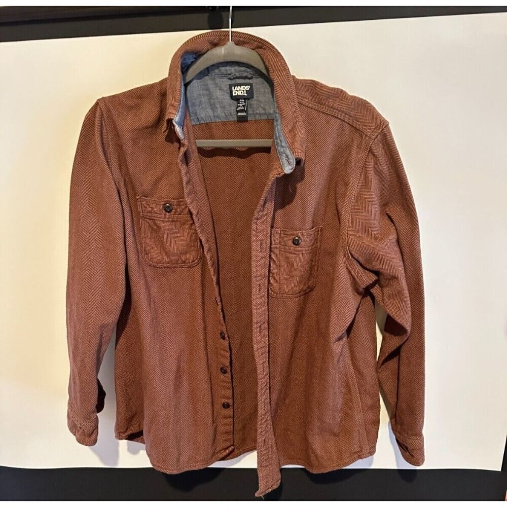 Mens XXL/Tall LANDS END Heavyweight Brown Herringbone l/s Cabincore Shirt - Picture 2 of 11